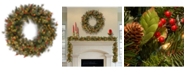 National Tree Company 30" Wintry Pine Wreath with Cones, Red Berries, Snowflakes and 100 Clear Lights